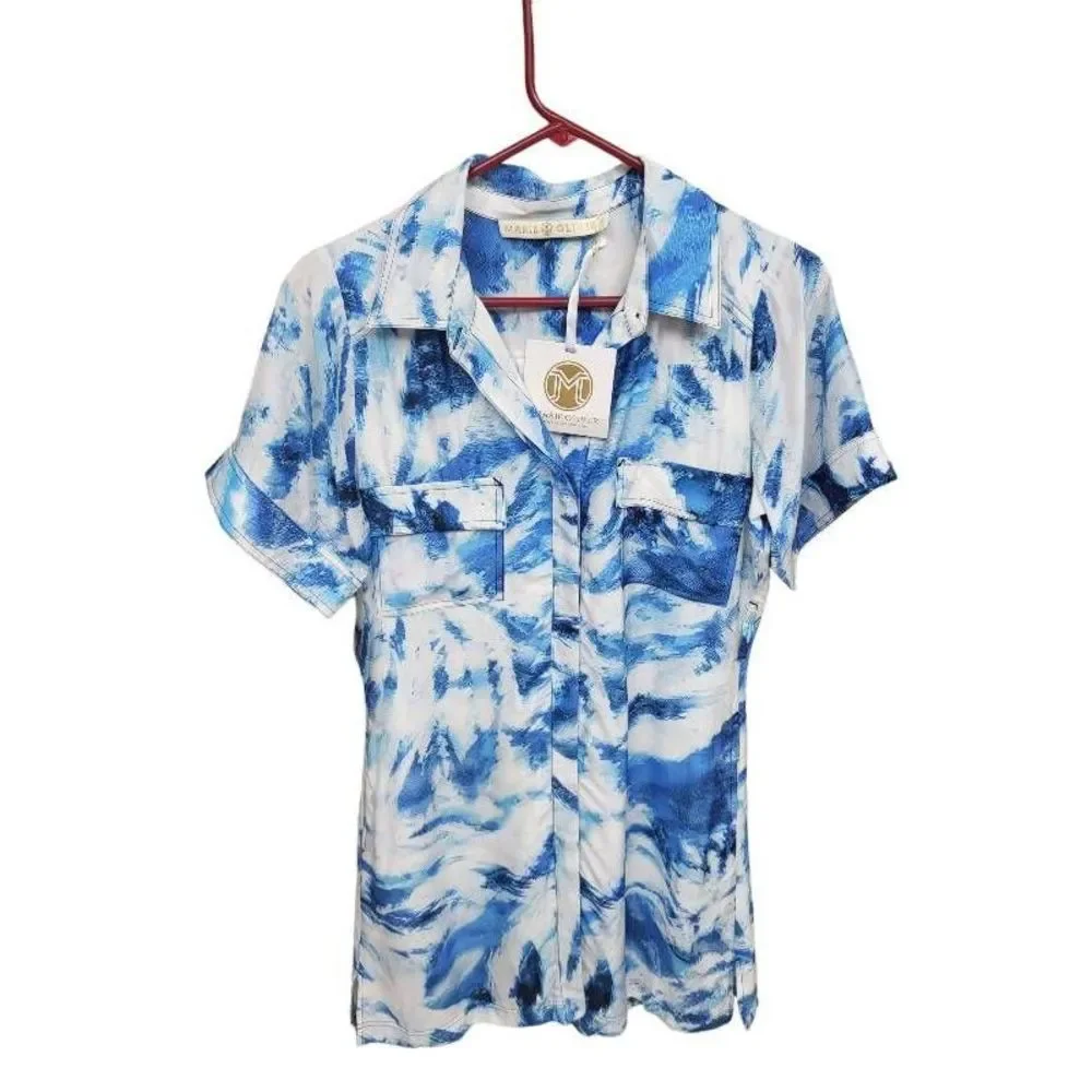NEW $385 Marie Oliver Shirt Dress Women's XS Blue Tie Dye Pockets Collar Short
